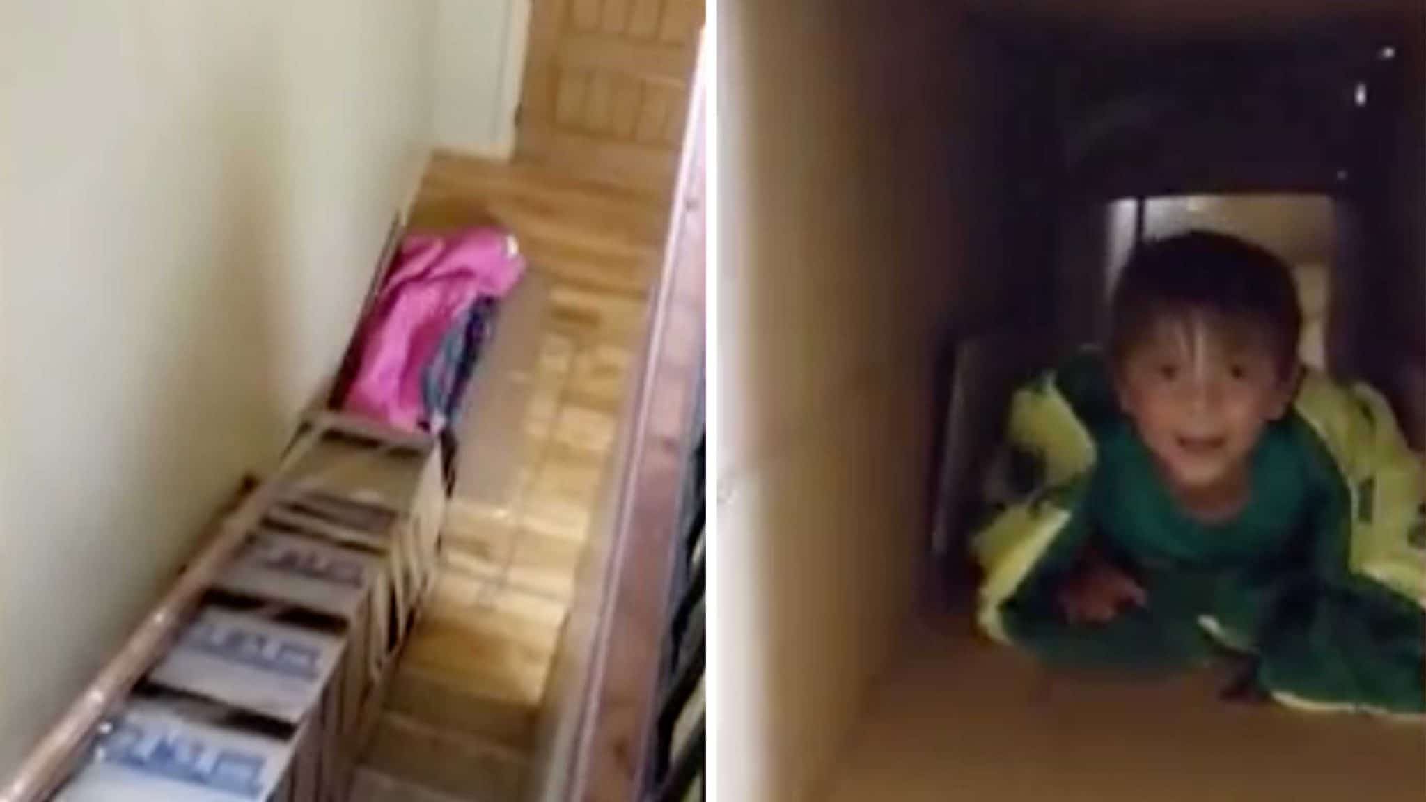 Avec des caisses en carton, il transforme les escaliers en toboggan pour ses enfants