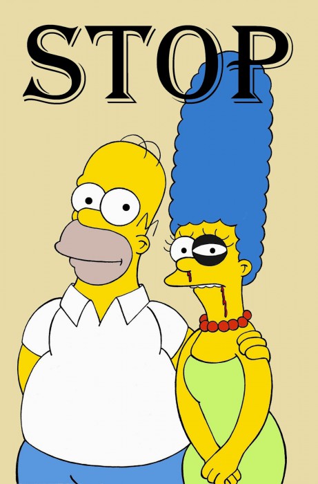 Homer and Marge Simpson The Simpsons Art Portrait Social Campaign Domestic Woman Women's Violence Stop Abuse Satire Sketch Cartoon Illustration Critic Humor Chic by aleXsandro Palombo