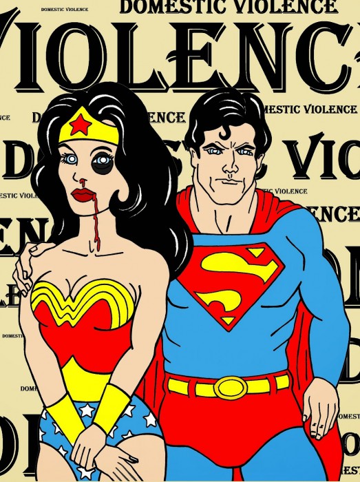 Wonder Woman and Superman Art Portrait Social ADV Campaign Domestic Woman Women's Violence Abuse Satire Sketch Cartoon Illustration Critic Humor Chic by aleXsandro Palombo 1