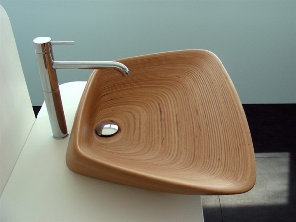 Glorious-Wooden-Basin-Designed-to-Form-as-Like-a-Half-of-Shell-with-Stainless-Steel-Elbow-Faucet-as-Complement