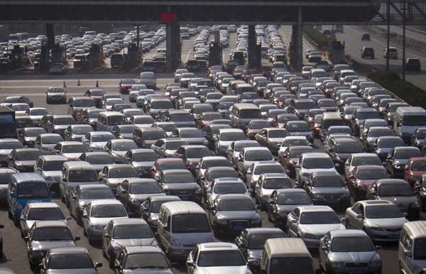 A view shows cars jammed on the Shanghai-Beijing Expressway in Shanghai