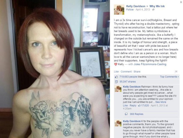 Kelly Davidson, 34 ans, tatouée après une double mastectomie