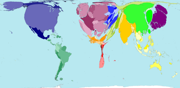 1. La carte du monde par PIB. SI chaque pays était proportionnel à sa richesse, le monde serait comme ça : 