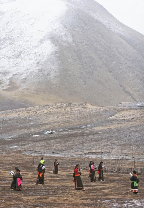 MAQIN COUNTY, CHINA - APRIL 21: (CHINA OUT) Students read outdoors at the Jigmei Gyaltsen Girls Welfare School on April 21, 2006 in Maqin County of Guoluo Tibetan Autonomous Prefecture, Qinghai Province, China. The Jigmei Gyaltsen Girls Welfare School, established in September 2005 by monk Jigmei Gyaltsen, is built to provide free education for impoverished girl students in pasturing areas. The school currently has about 96 students and 10 teachers, teaching Tibetan, Chinese, mathematics, art and other courses. (Photo by China Photos/Getty Images)
