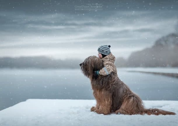 Un enfant et un gros chien dans la neige