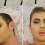 elle maquille son copain pendant qu'il dort