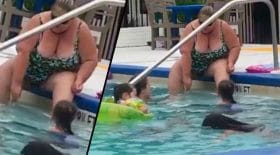 femme rase ses jambes au bord de la piscine de l'hôtel