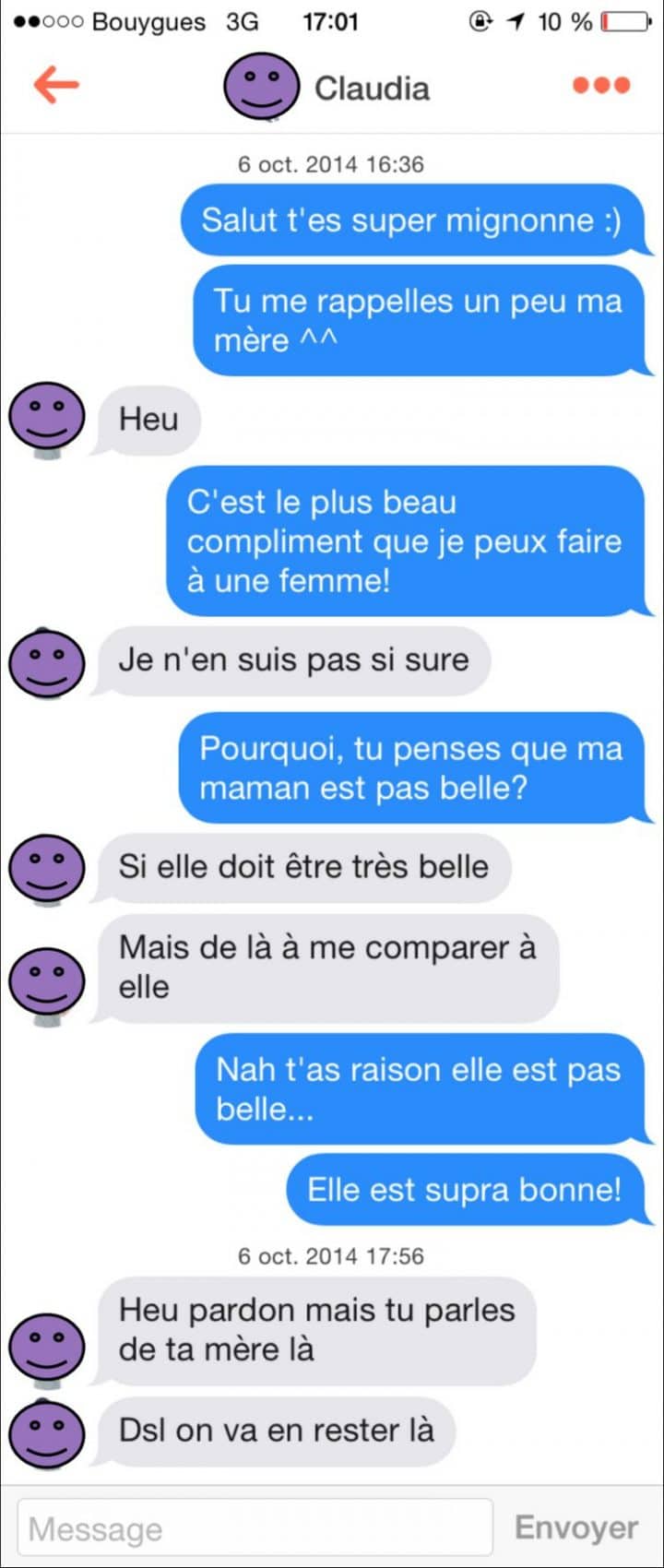 Tinder, conversations, malaise, drague, messages, sms, wtf