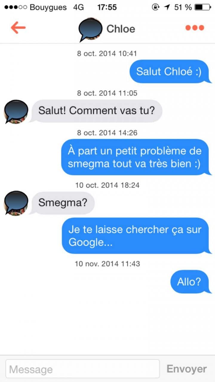 Tinder, conversations, malaise, drague, messages, sms, wtf