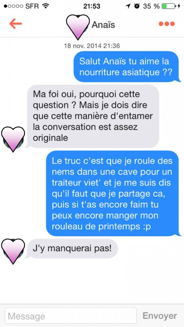 Tinder, conversations, malaise, drague, messages, sms, wtf