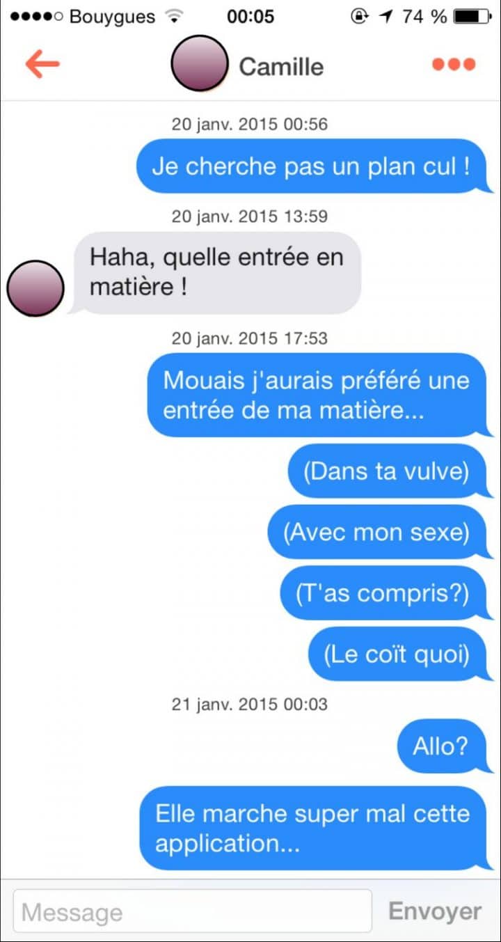Tinder, conversations, malaise, drague, messages, sms, wtf