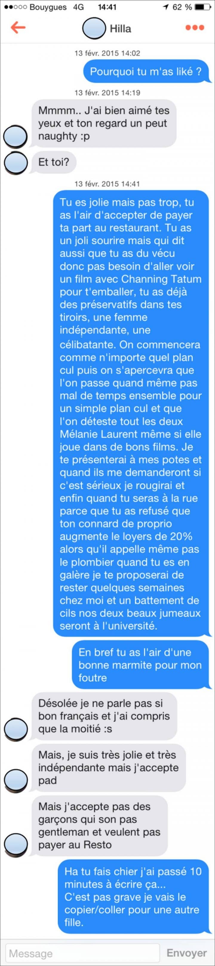 Tinder, conversations, malaise, drague, messages, sms, wtf