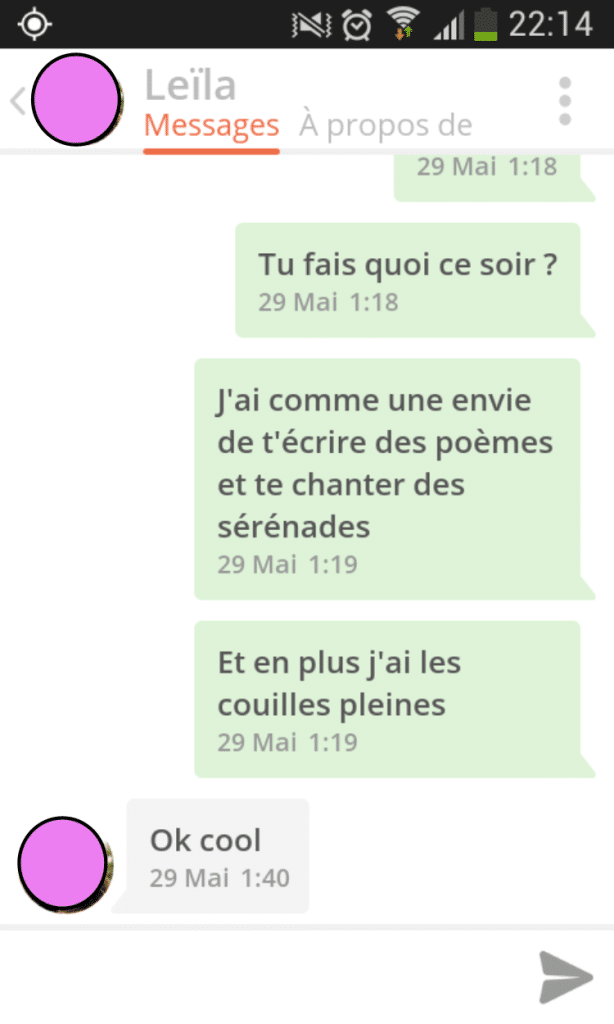 Tinder, conversations, malaise, drague, messages, sms, wtf