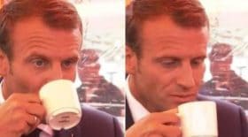 Emmanuel Macron boit du café finlandais