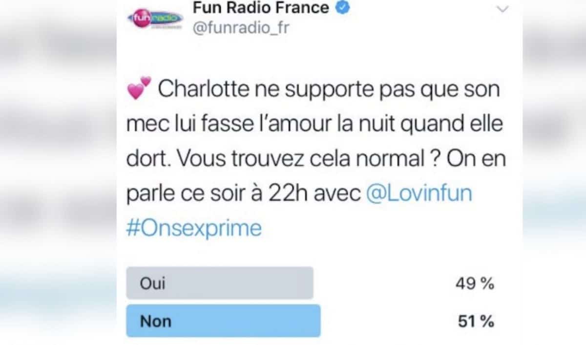 Scandale : ce sondage surréaliste sur le viol conjugal diffusé par Fun ...