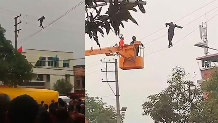 homme saoul funambule ligne à haute tension