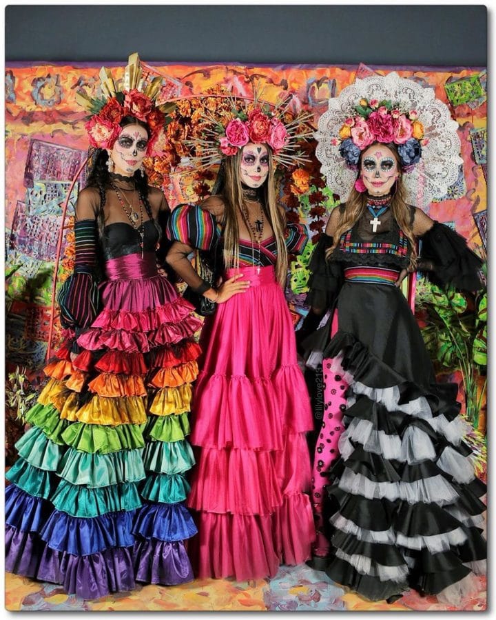 Costume Jour Des Morts Femme - Ensemble Avec Jupe à Nouer, Bandeau Fleuri, Gants Et Chaussettes Squelette | Déguisement Halloween Gothique