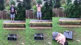 homme qui saute sur un micro-onde