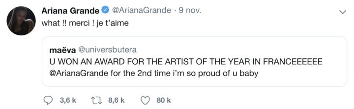 Capture d'écran message twitter d'Ariana Grande