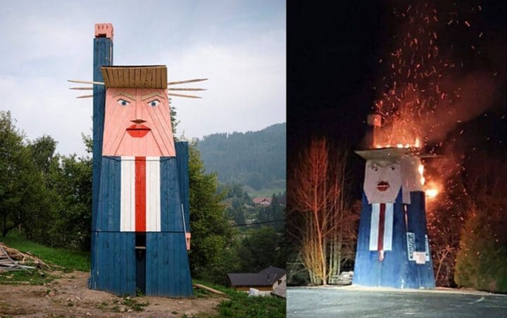 Une statue de bois à l'effigie de Trump part en fumée, en Slovénie faits divers