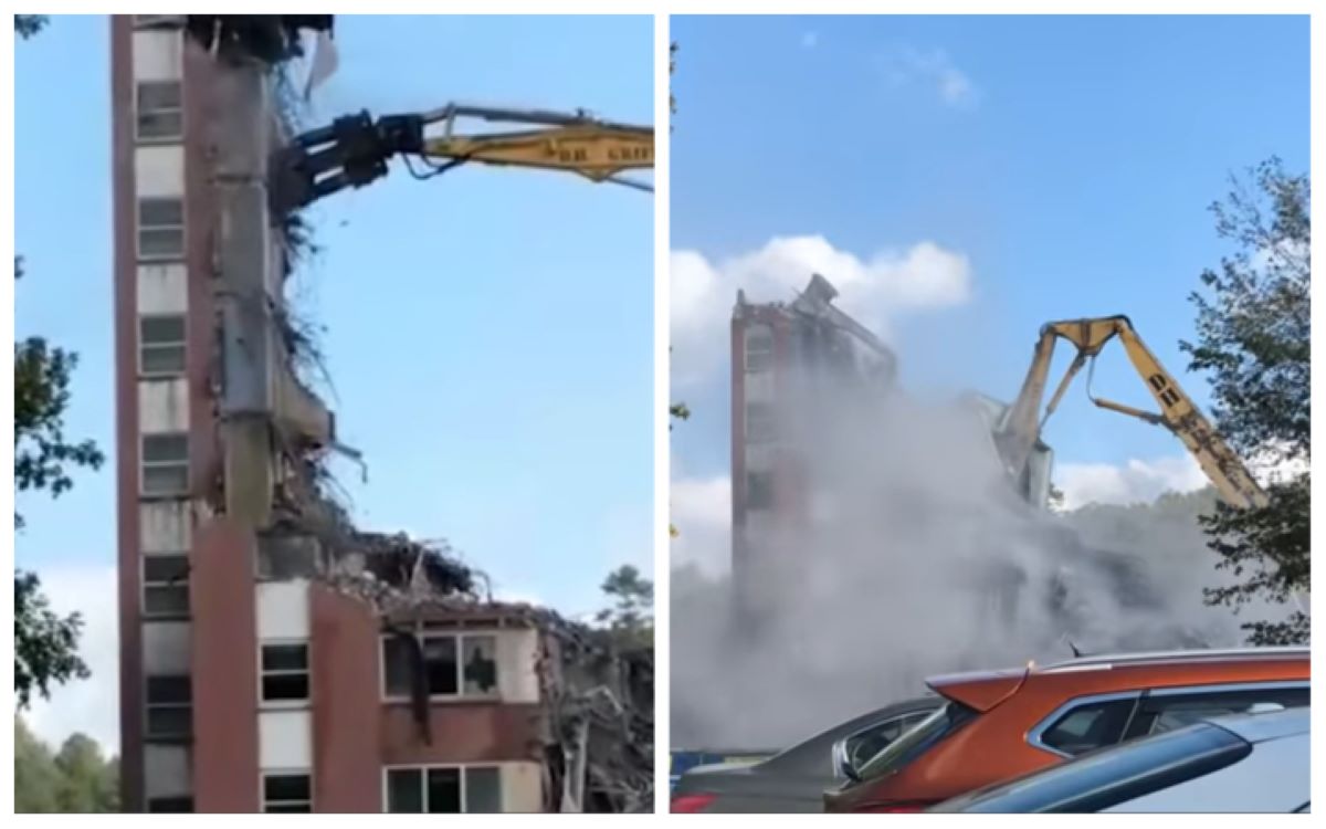 Une grue se fait écraser par le bâtiment qu'elle démolit (VIDEO)