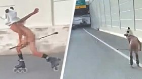 homme nu fait roller autoroute masque de panda