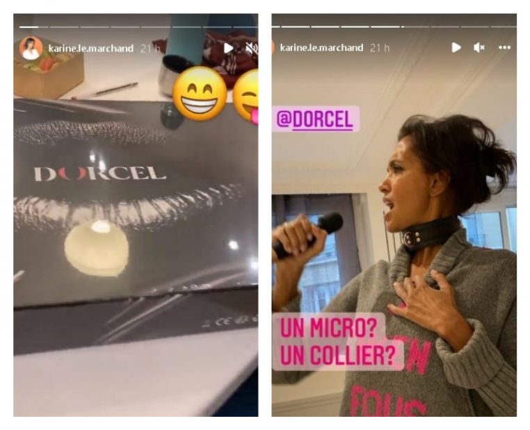 Karine Le Marchand reçoit un cadeau coquin de la marque Dorcel 