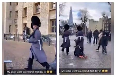 Un soldat de la garde royale piétine un enfant