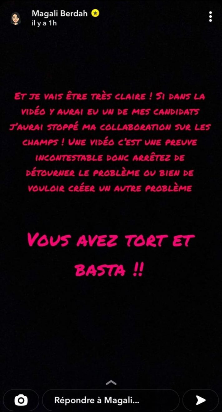 Story Instagram de Magali Berdah en réponse à Dylan Thiry