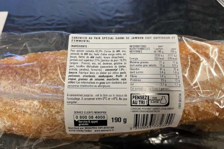 Baguette Jambon Emmental Monoprix rappel produit