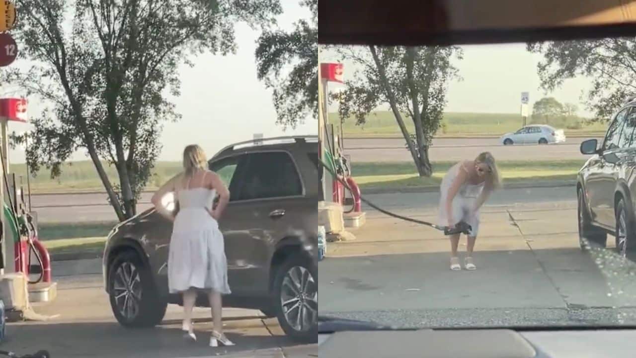 Cette femme galère vraiment à faire le plein de sa voiture : la scène est surréaliste (vidéo)