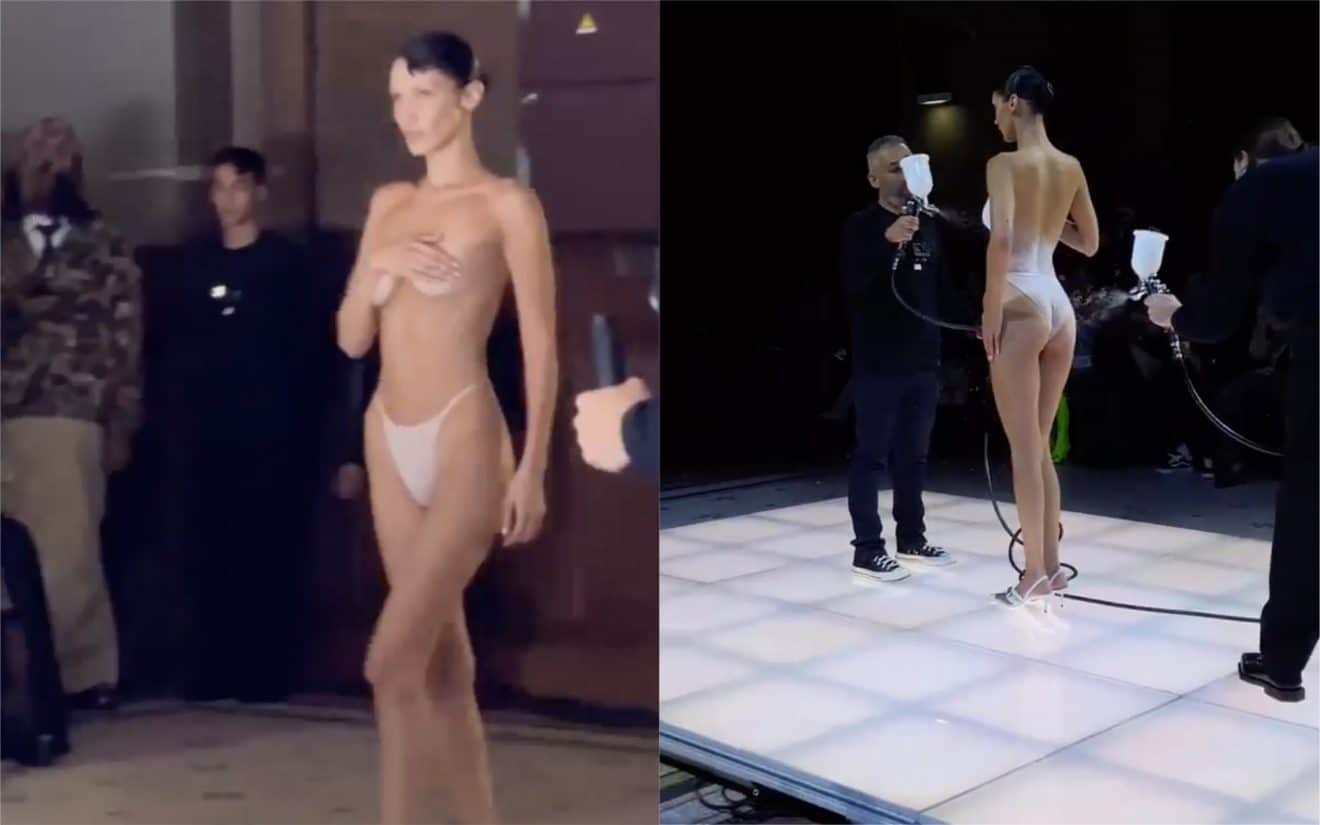 Bella Hadid arrive nue sur scène à la Fashion Week et se fait vaporiser une robe sur le corps, une prouesse bluffante (vidéo)
