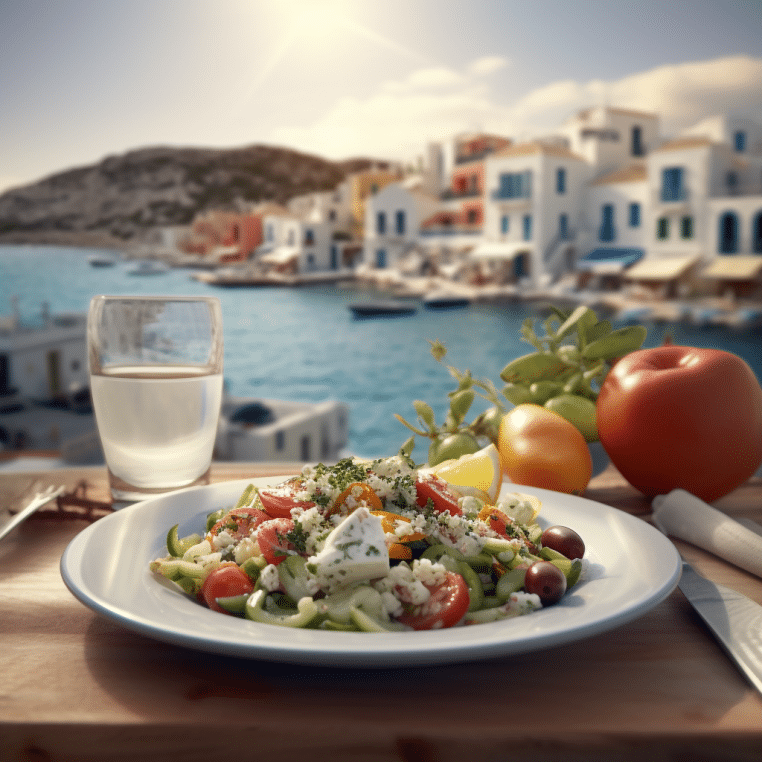Une salade grecque colorée et appétissante garnie de tomates, concombre, feta, olives kalamata et origan, dans un grand bol blanc