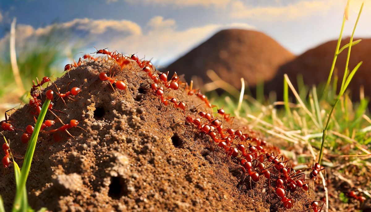 Fourmis rouge avec leur fourmilières. Certaines fourmis sont capable d'avoir leur propre caractères.