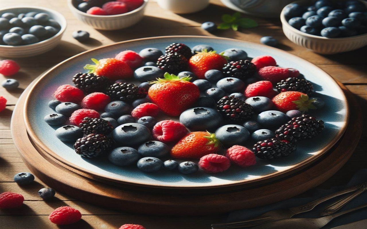 Fraise, framboise, myrtille, mures disposées dans une assiette de fruits . Leurs consommations sont recommandées à partir de 40 ans.