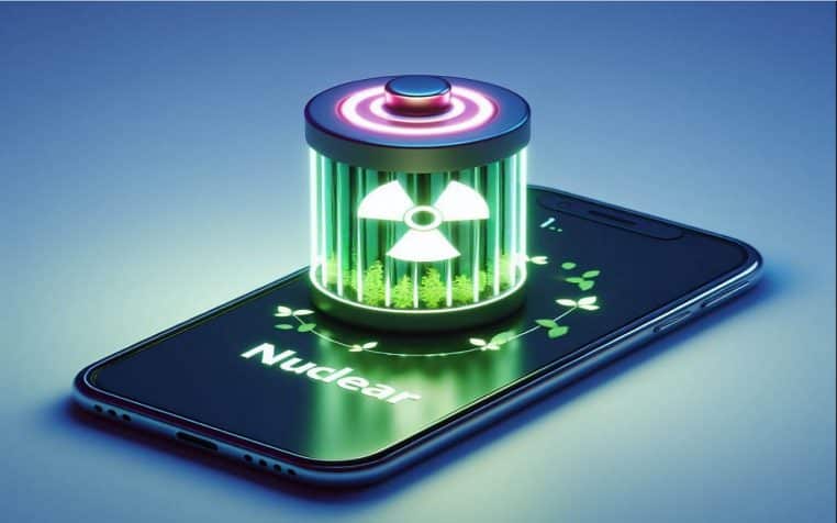 Batterie nucléaire au dessus d'un smartphone.