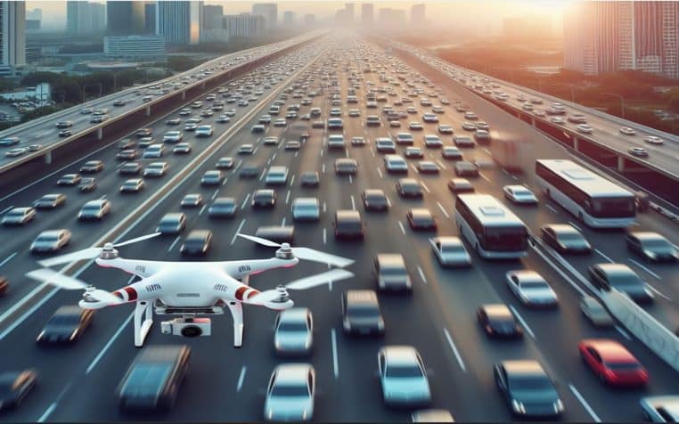 Photo Drone radar volant au dessus d'une autoroute remplis de voiture