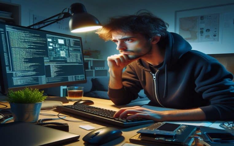 Un pirate en pleine réfléxion au travail dans son sombre bureau.