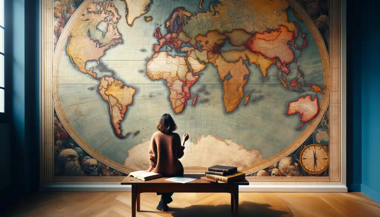 Femme devant carte du monde