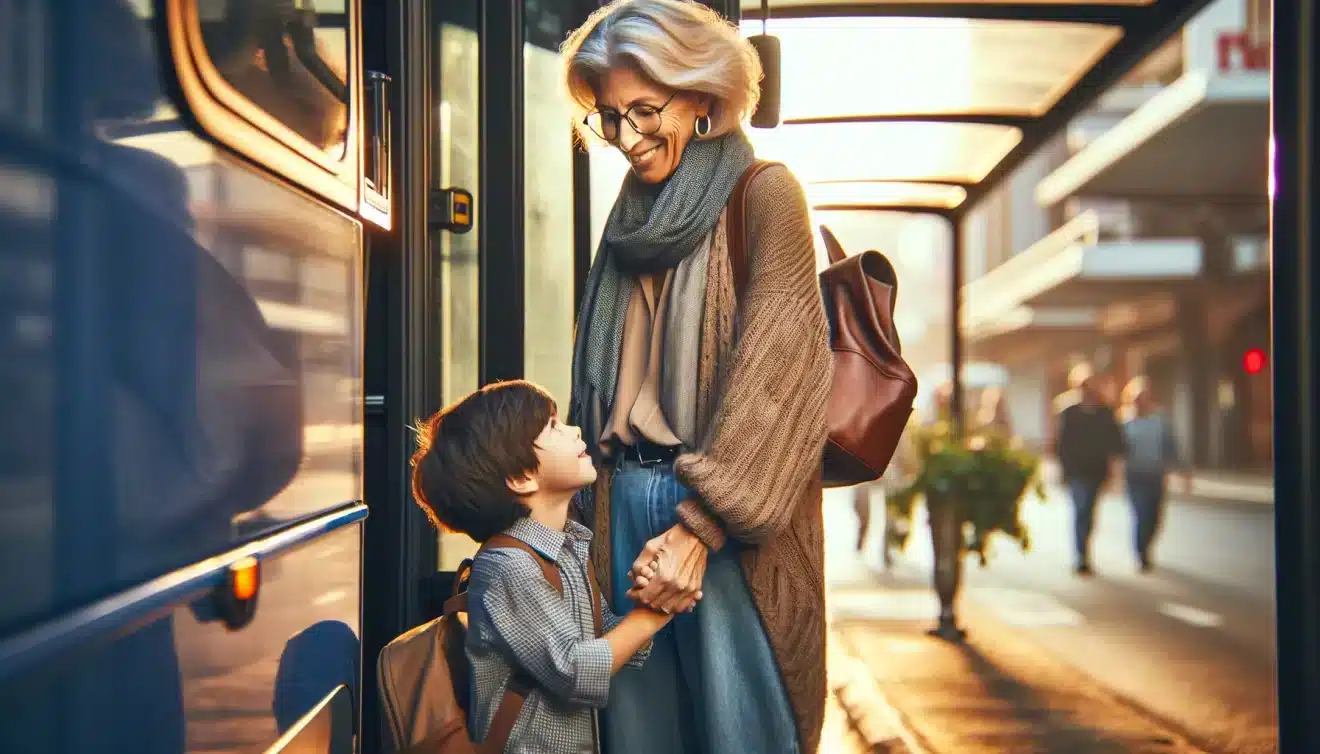 enfant et sa grand mère devant un bus