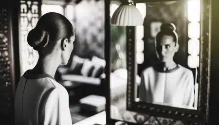 femme chignon plaqué devant miroir