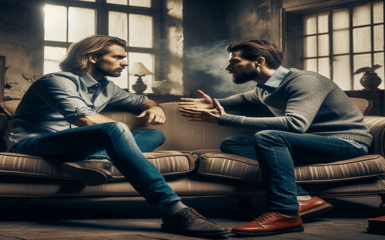 Deux personnes tentant de résoudre leur conflit en discutant sur un vieux canapé avec la méthode des 6 minutes.