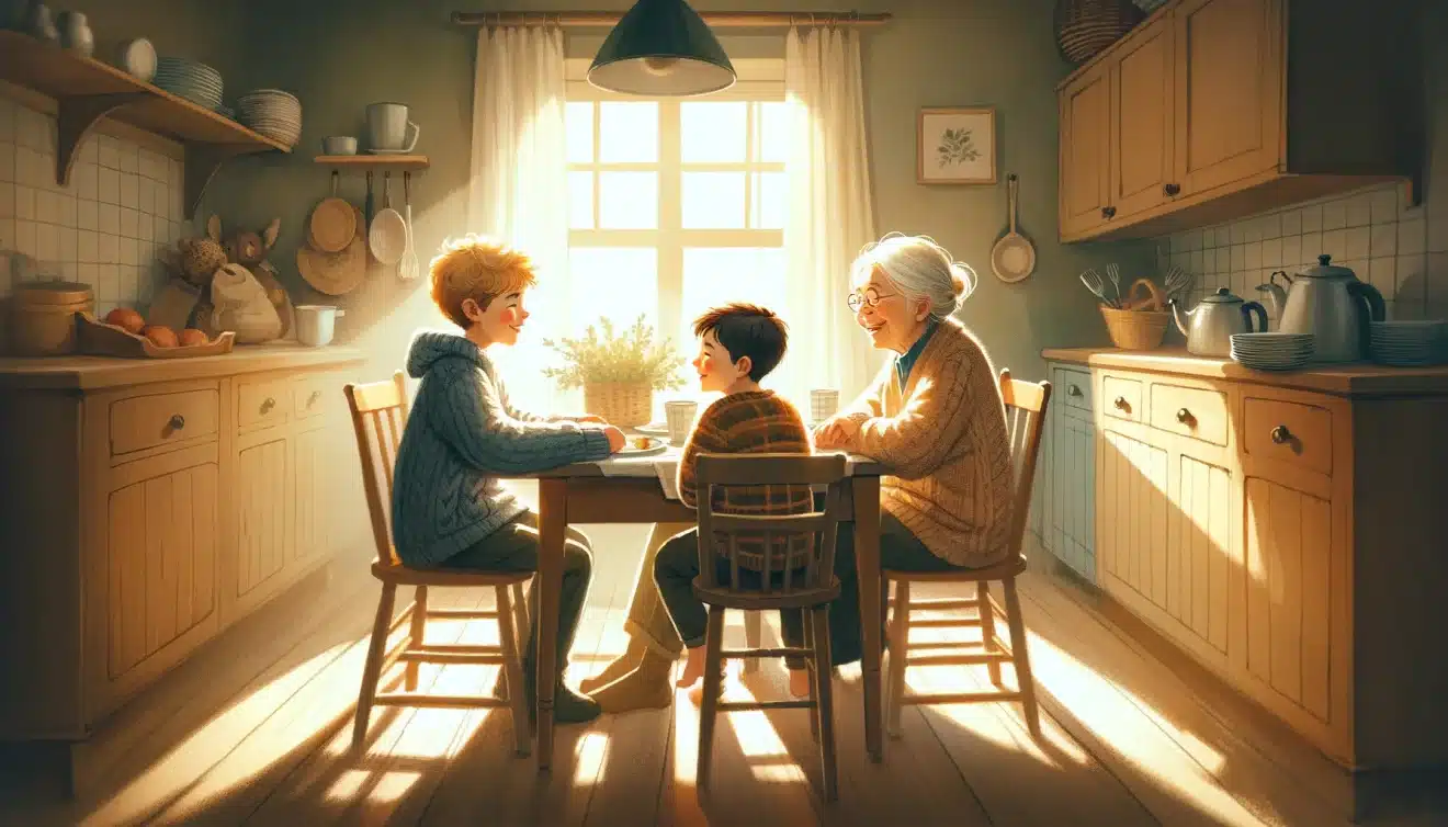deux enfants à table avec leur grand mère