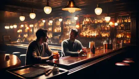 deux hommes discutent dans un bar