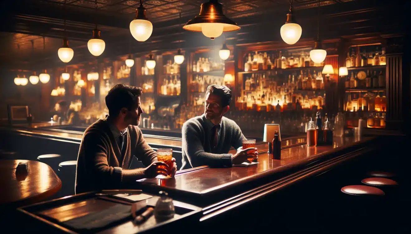 deux hommes discutent dans un bar