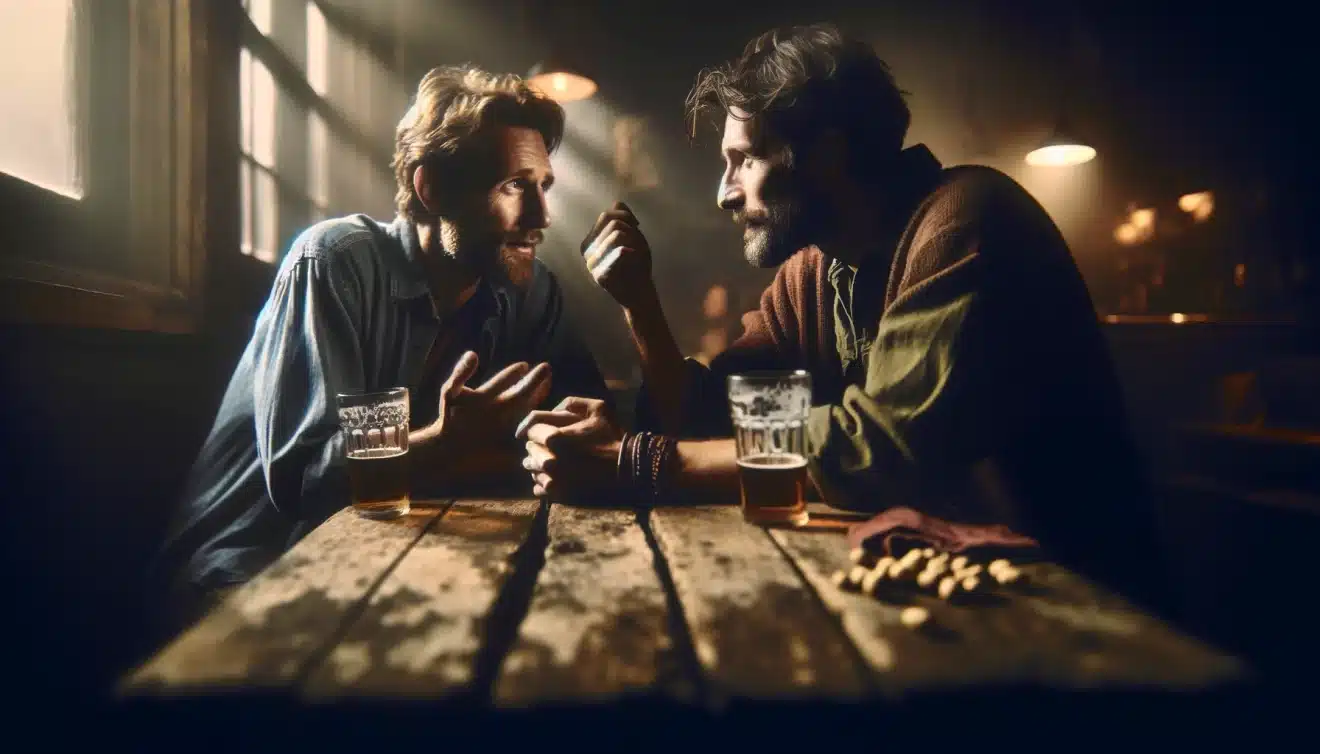 deux hommes discutent dans un bar