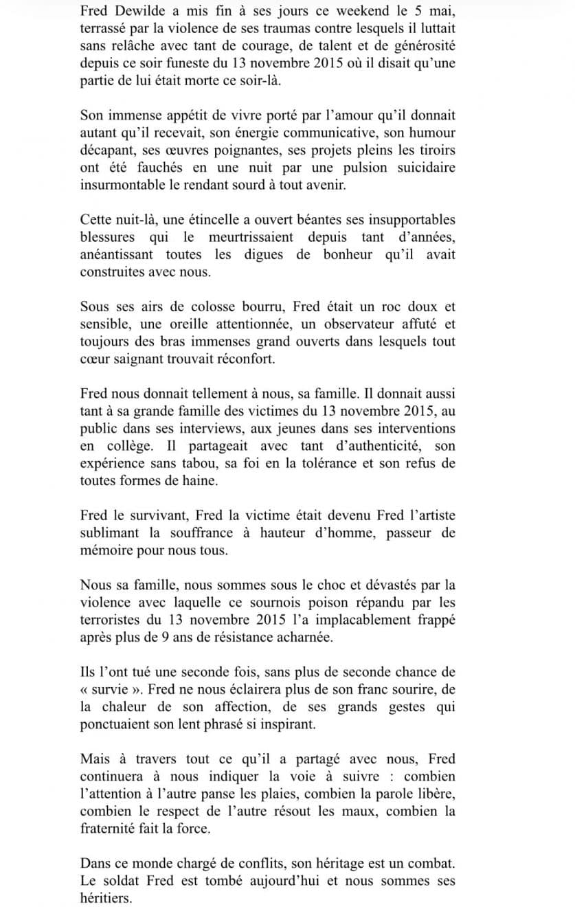 Fred Dewilde, dessinateur et rescapé du 13 novembre, a mis fin à ses ...