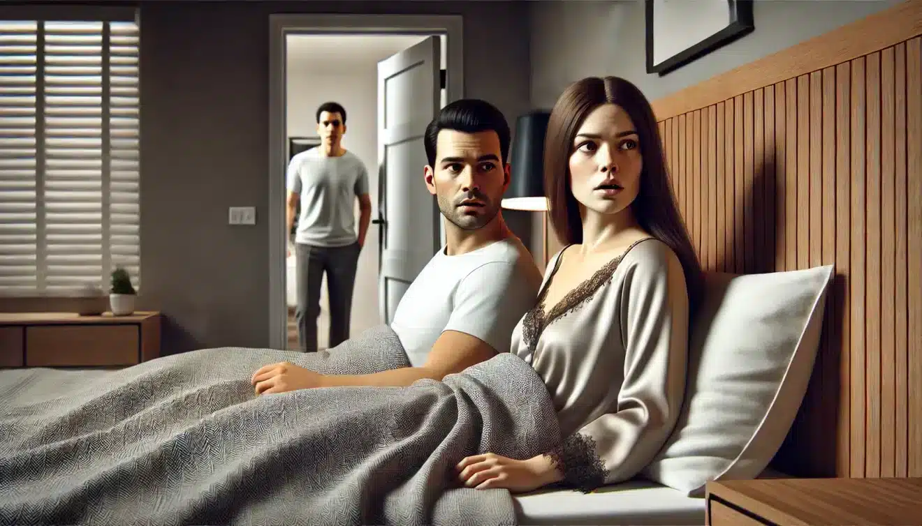 Blague du jour : Une femme est au lit avec son amant quand elle entend son mari arriver !