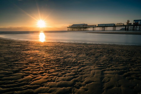 sunset, pier, beach, été, chaleur
