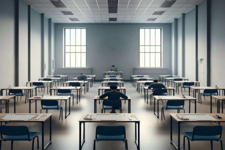 Salle-d-examen-minimaliste-avec-élèves-en-train-de-passer-le-baccalauréat